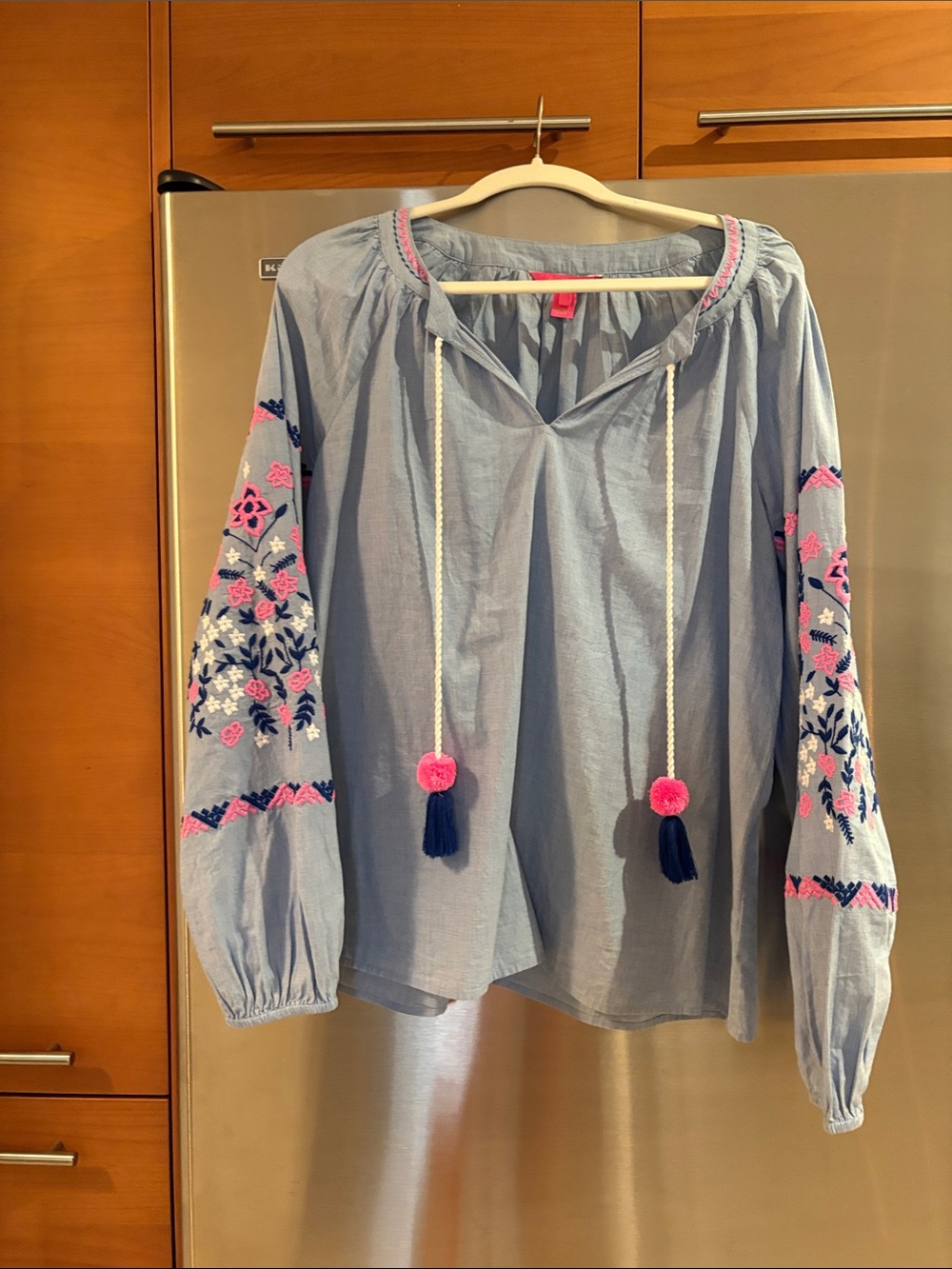 Lilly Pulitzer Light Blue Embroidered Peasant Blouse with Tassels
